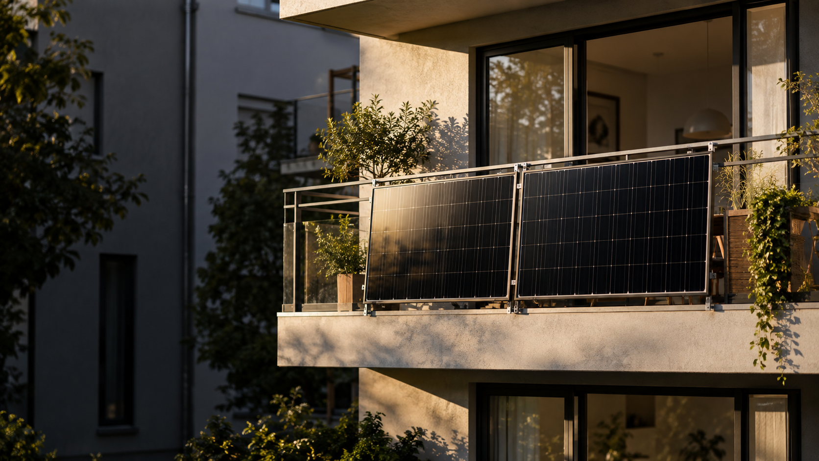 Illustrative Darstellung schwarzer Solarmodule an einer sonnigen Terrasse